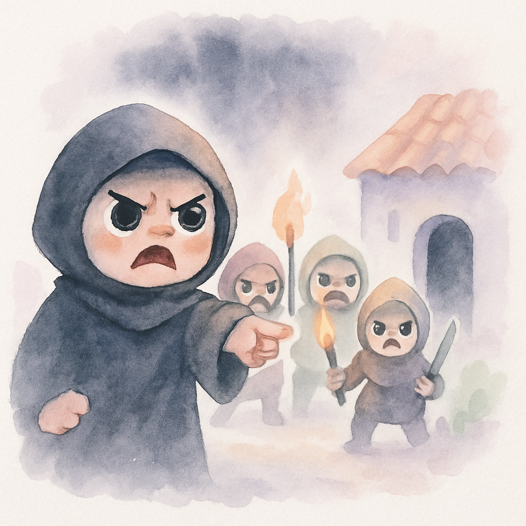 화난 도둑 대장과 도둑들이 알리바바를 찾아오는 긴장감 있는 장면